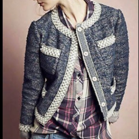 Anthropologie Isani Massey Cropped Tweed Beaded Jacket Boho Glam New Blue Medium - Picture 1 of 15